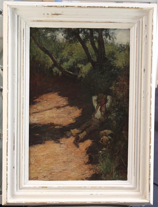 John White (1851-1933) Boy resting on a country lane, 21 x 14in.